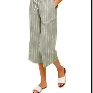 Beachlunchlounge Olive Green Striped Linen Cotton Drawstring Cropped Pant Sz L